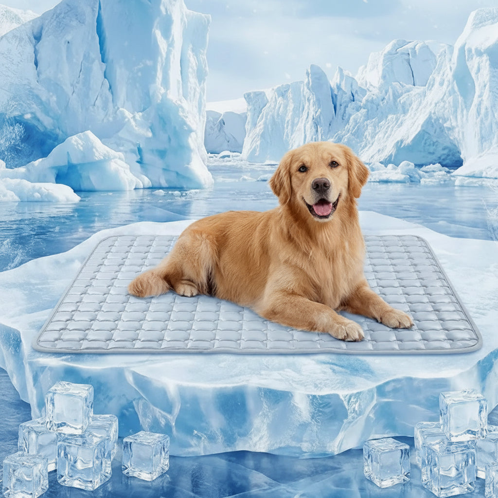 Dog lying on a cooling pad with an icy background
